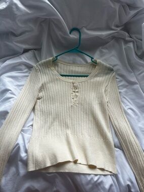 SHEIN Cream Ribbed Button Henley Long-Sleeve Top
